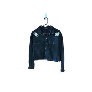 Bershka Denim black embroidered crop jacket size S women’s